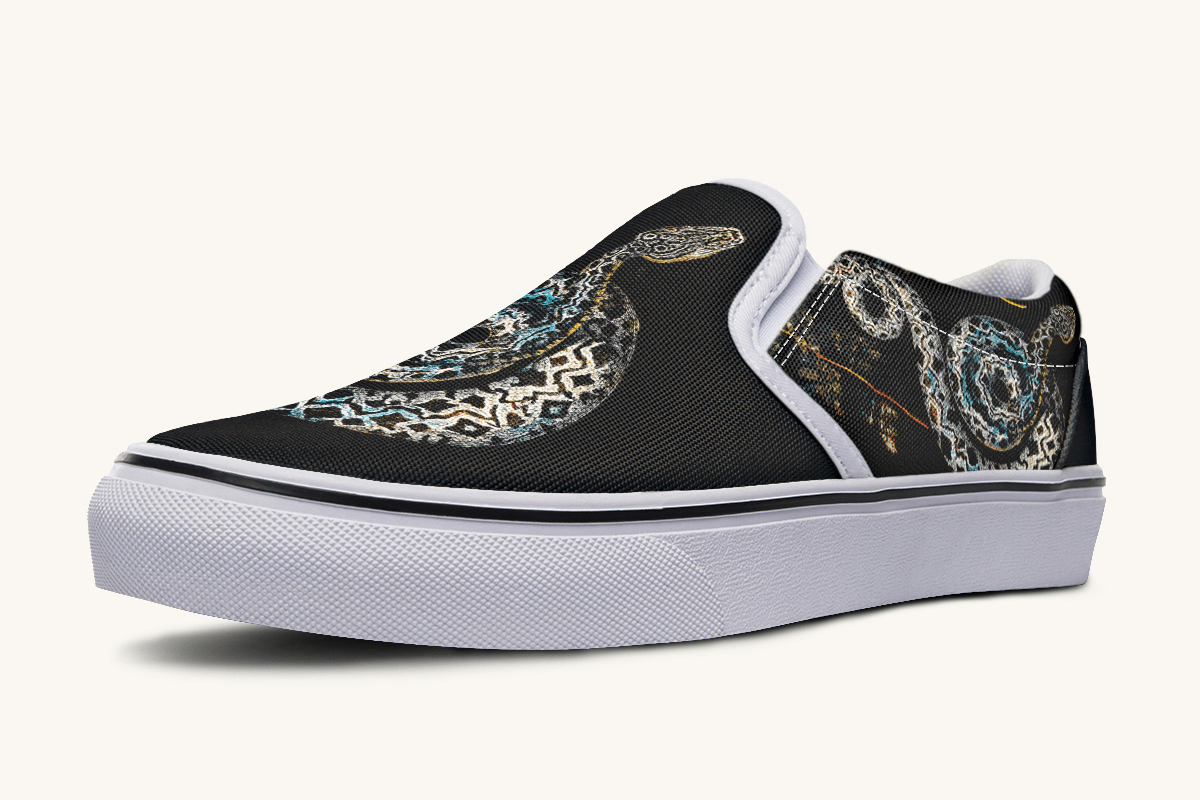 Serpent in Bloom Multicolor Snake on Black Slip On Shoes - Jaded Lament