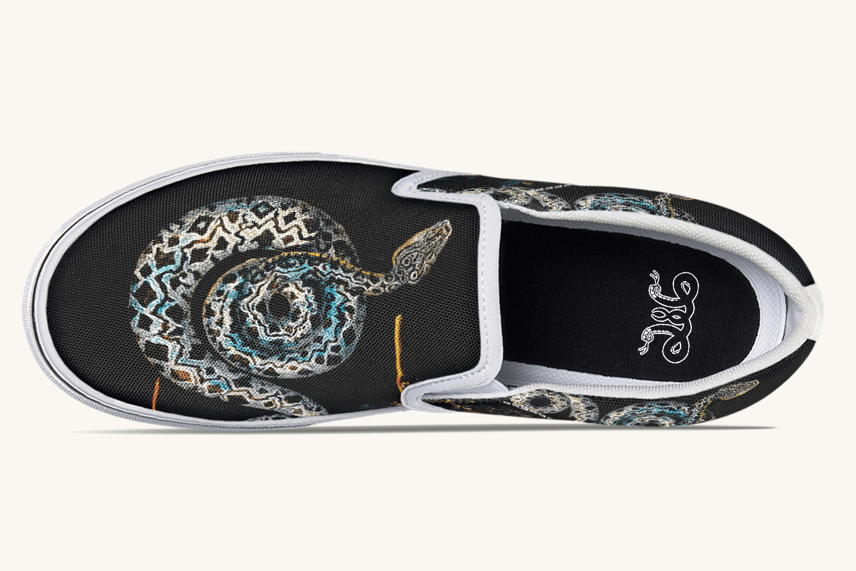 Serpent in Bloom Multicolor Snake on Black Slip On Shoes - Jaded Lament