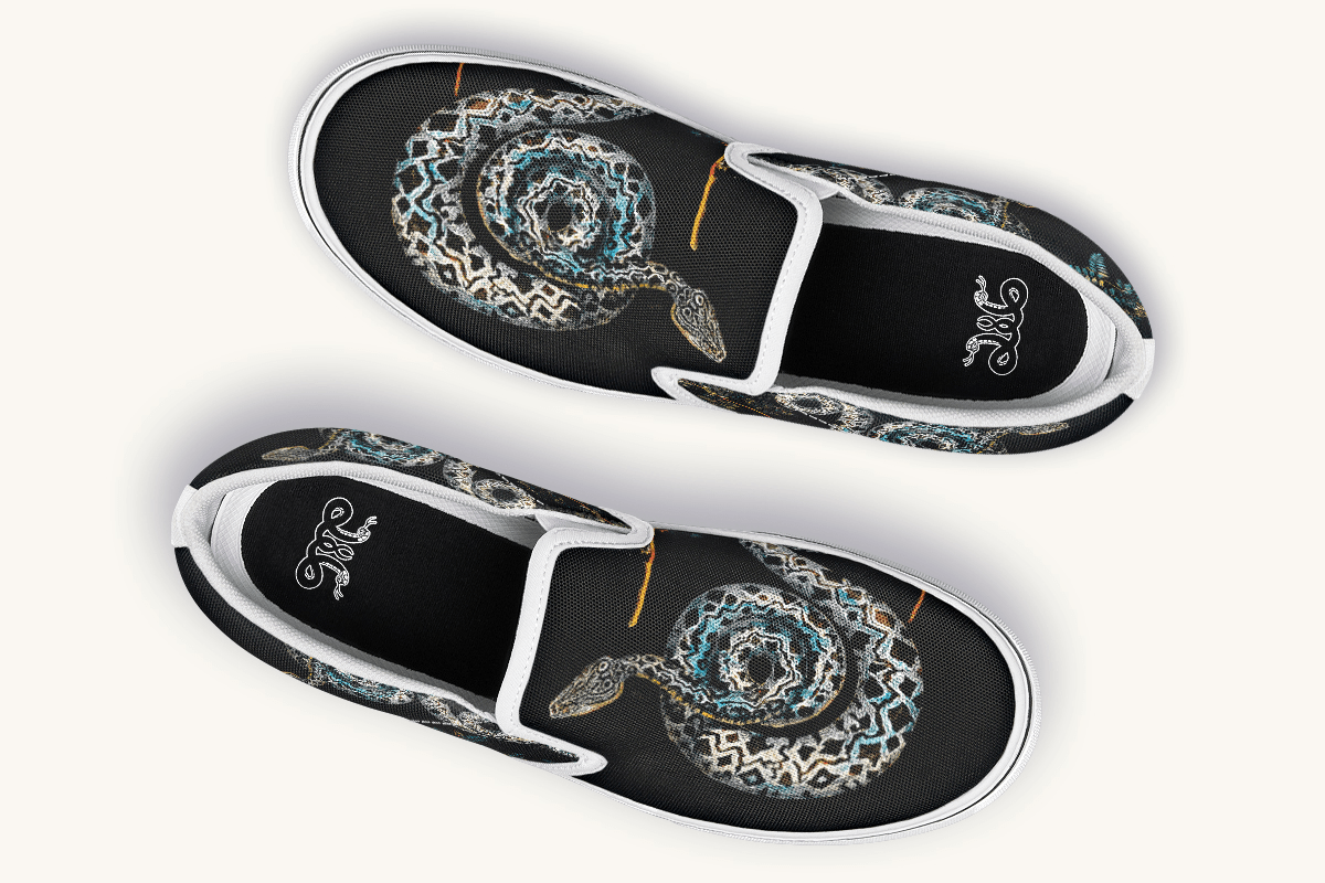 Serpent in Bloom Multicolor Snake on Black Slip On Shoes - Jaded Lament