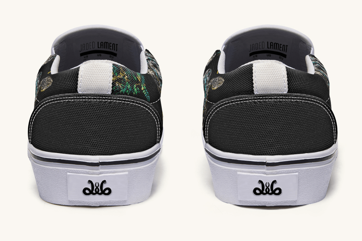 Serpent in Bloom Multicolor Snake on Black Slip On Shoes - Jaded Lament