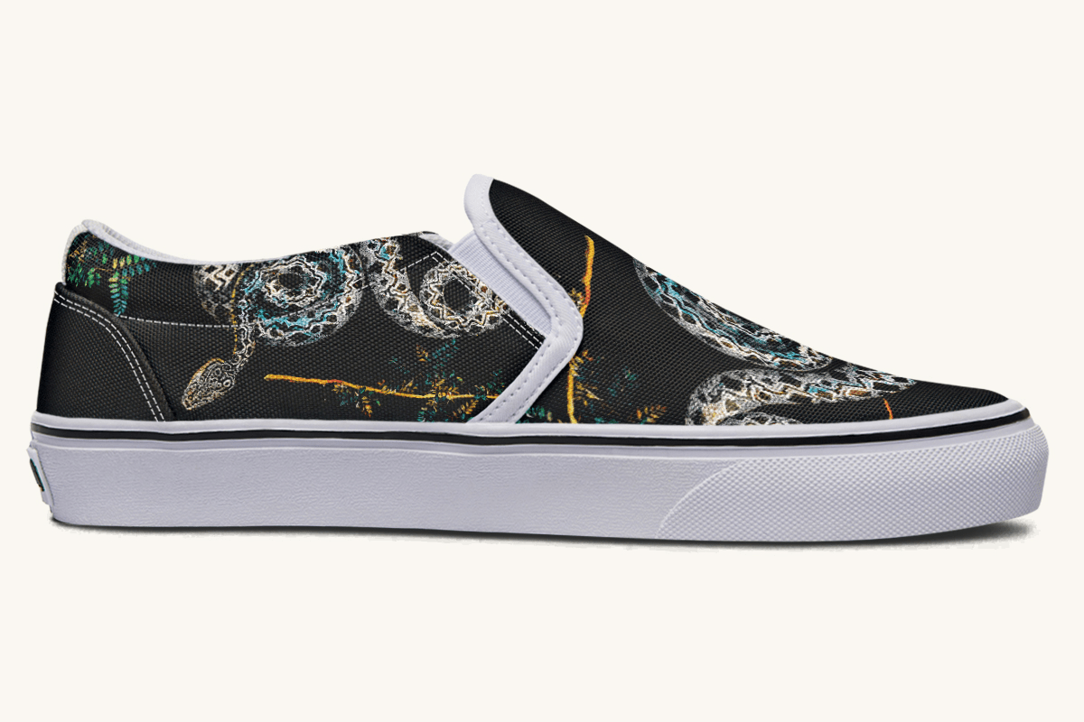 Serpent in Bloom Multicolor Snake on Black Slip On Shoes - Jaded Lament