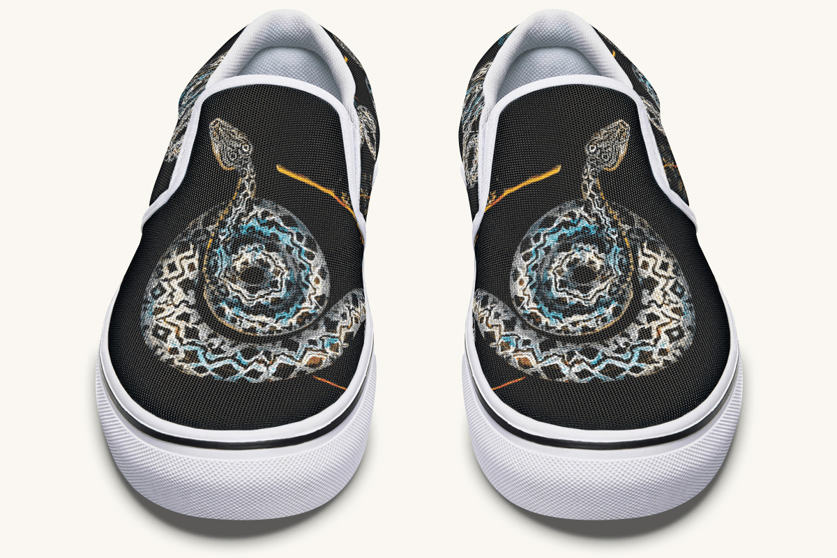 Serpent in Bloom Multicolor Snake on Black Slip On Shoes - Jaded Lament
