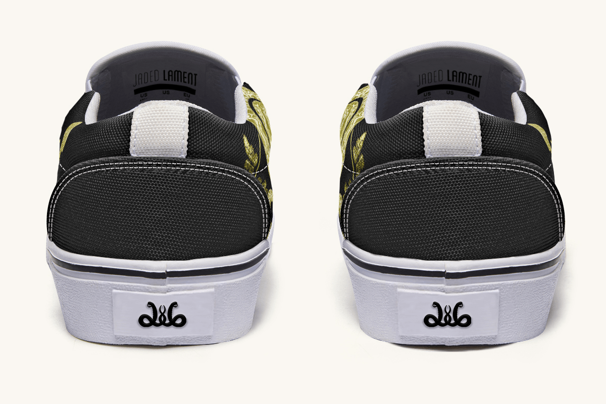 Serpent in Bloom Gold on Black Slip On Shoes - Jaded Lament