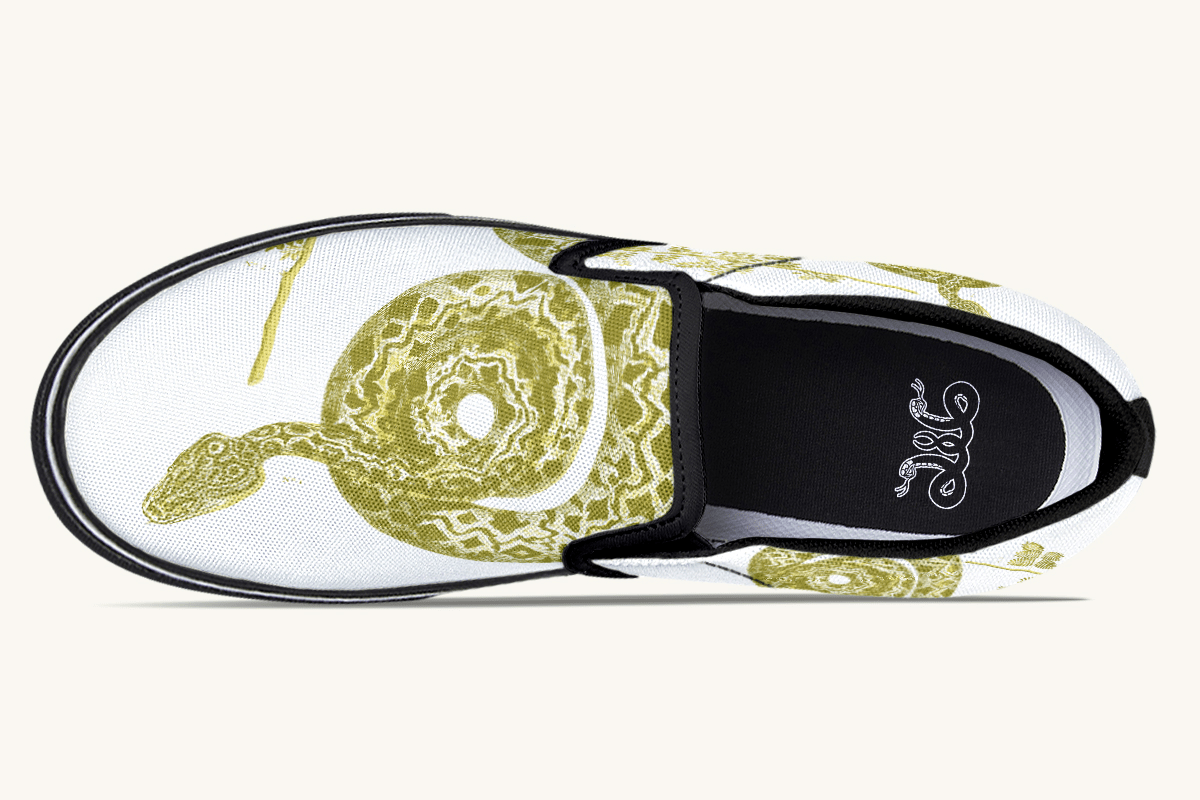 Serpent in Bloom Gold on White Slip On Shoes - Jaded Lament