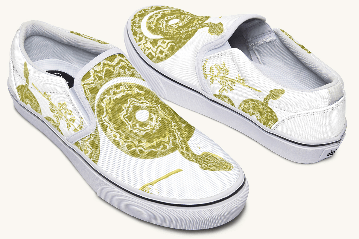 Serpent in Bloom Gold on White Slip On Shoes - Jaded Lament