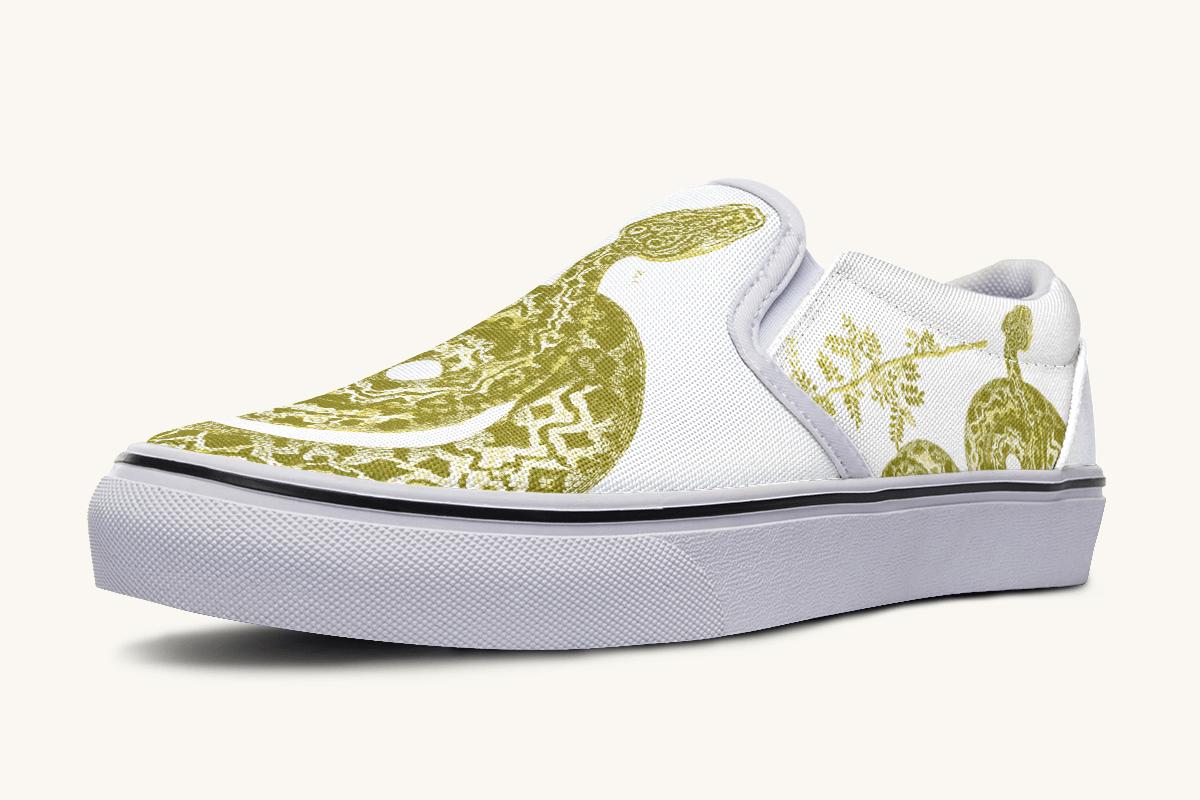 Serpent in Bloom Gold on White Slip On Shoes - Jaded Lament