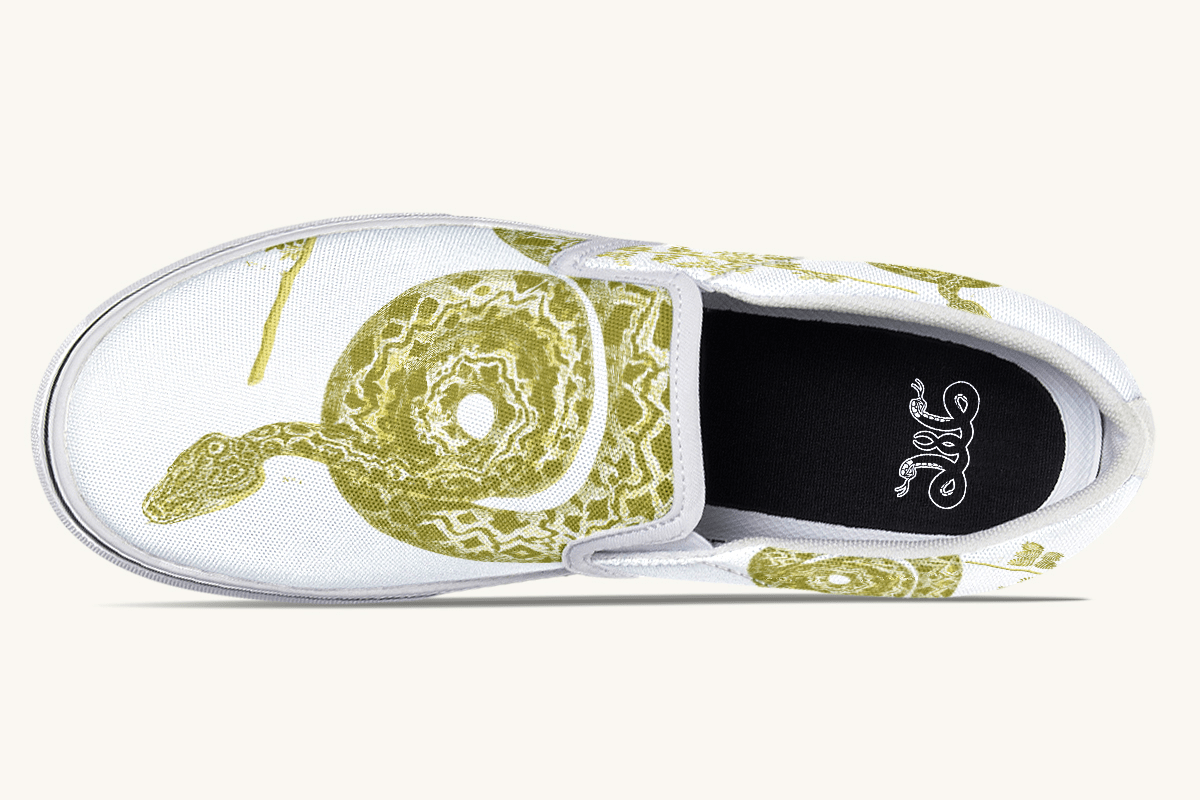 Serpent in Bloom Gold on White Slip On Shoes - Jaded Lament