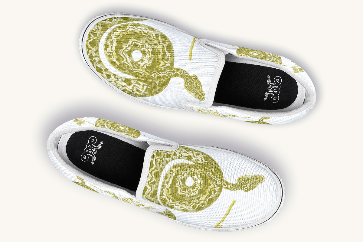 Serpent in Bloom Gold on White Slip On Shoes - Jaded Lament