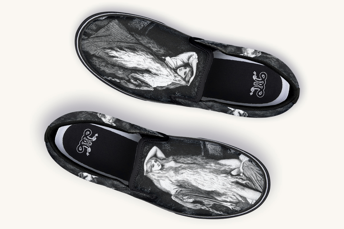 She Watched The Bones Sink Black Slip On Shoes - Jaded Lament