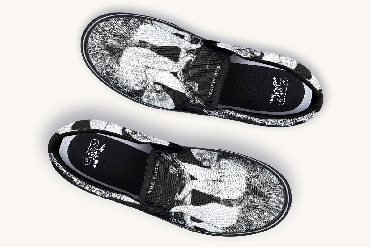 The Sloth Stays White Black Slip On Shoes - Jaded Lament