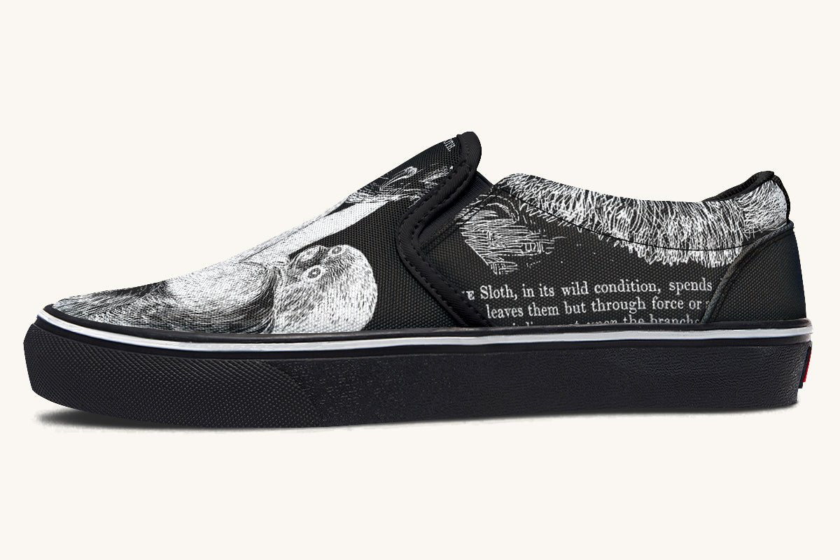 The Sloth Stays White Black Slip On Shoes - Jaded Lament