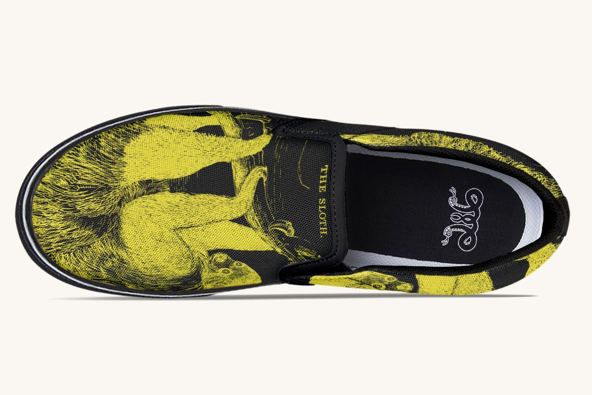 The Sloth Stays Yellow Black Slip On Shoes - Jaded Lament