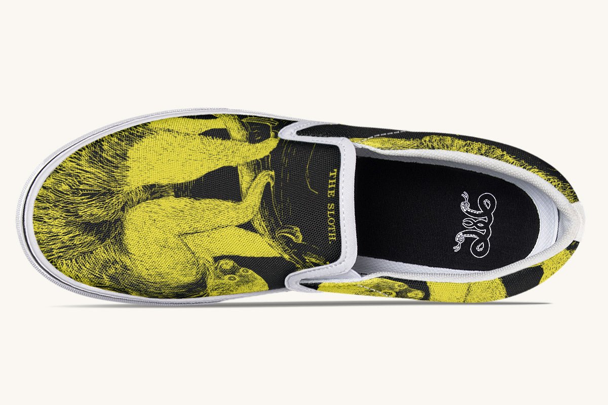 The Sloth Stays Yellow Black Slip On Shoes - Jaded Lament