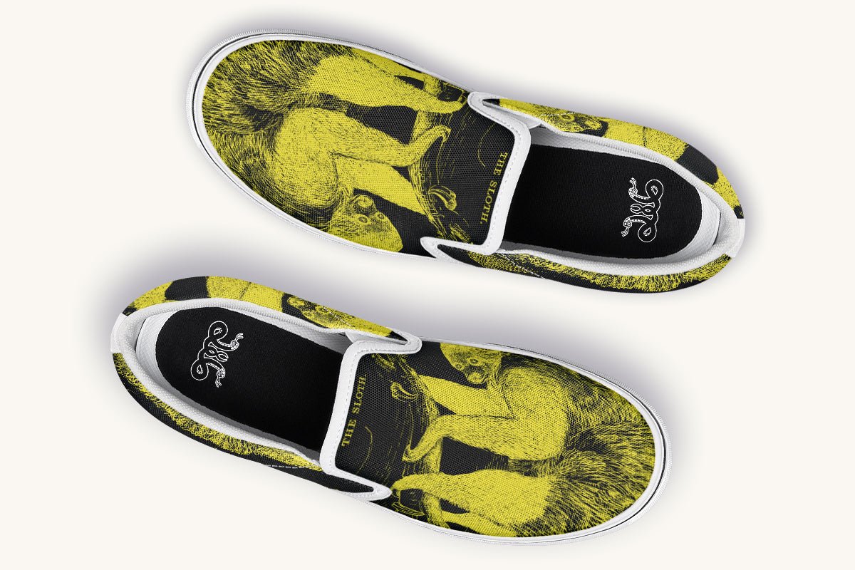 The Sloth Stays Yellow Black Slip On Shoes - Jaded Lament