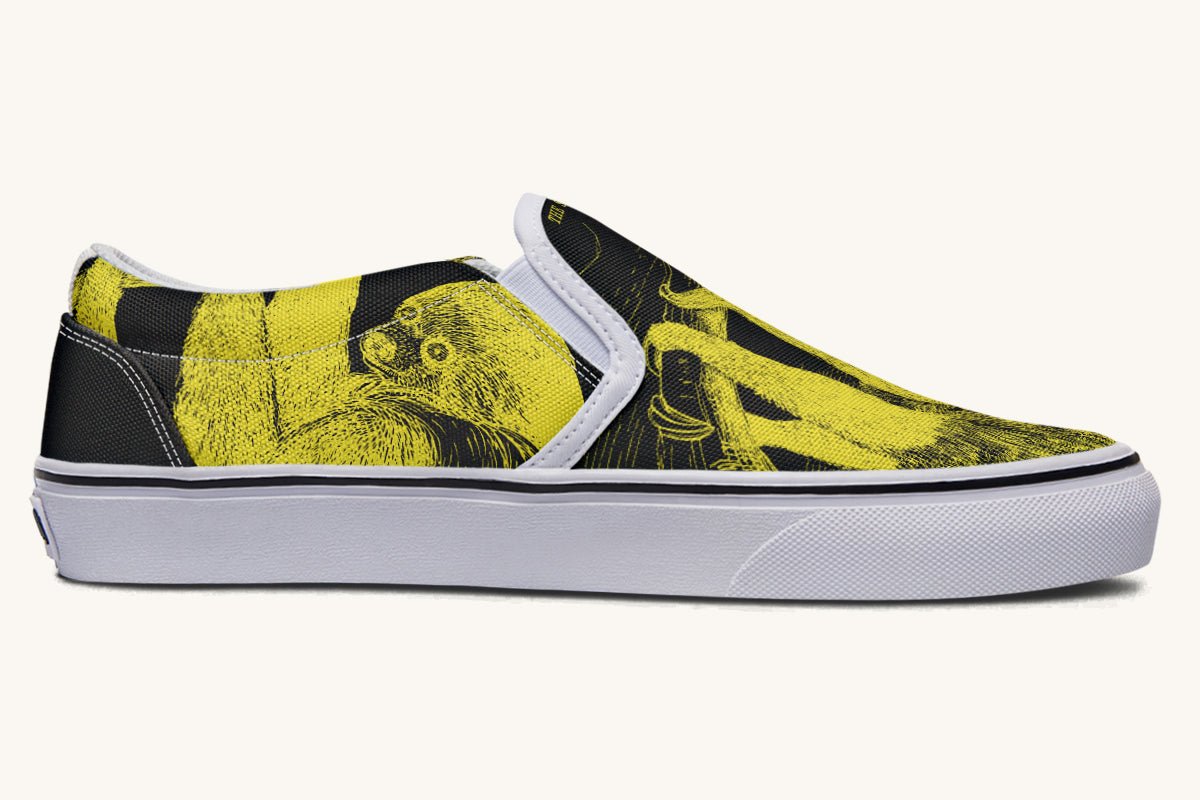 The Sloth Stays Yellow Black Slip On Shoes - Jaded Lament