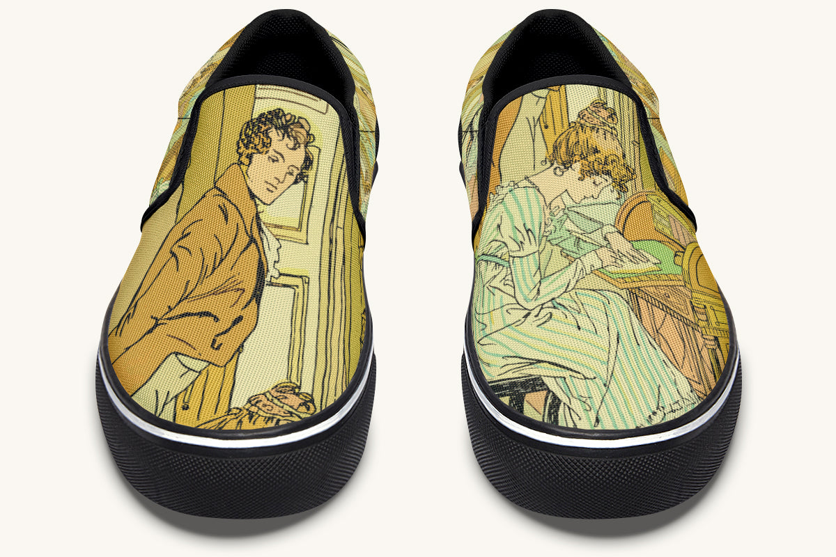 Pair of slip-on shoes with vintage-style illustrations on a white background