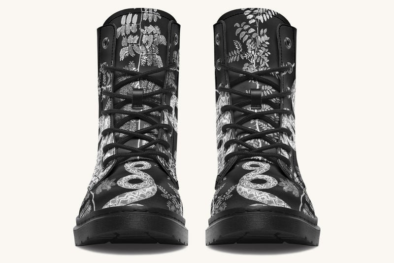 Serpent in Bloom Black And White Boots - Jaded Lament