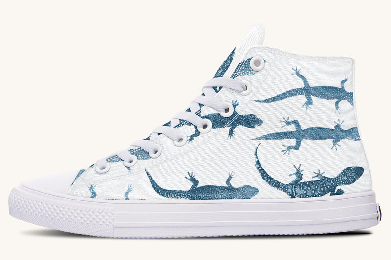 March of the Lizards Blue White Hightops - Jaded Lament