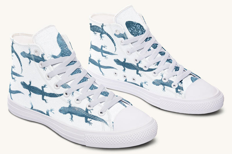 March of the Lizards Blue White Hightops - Jaded Lament