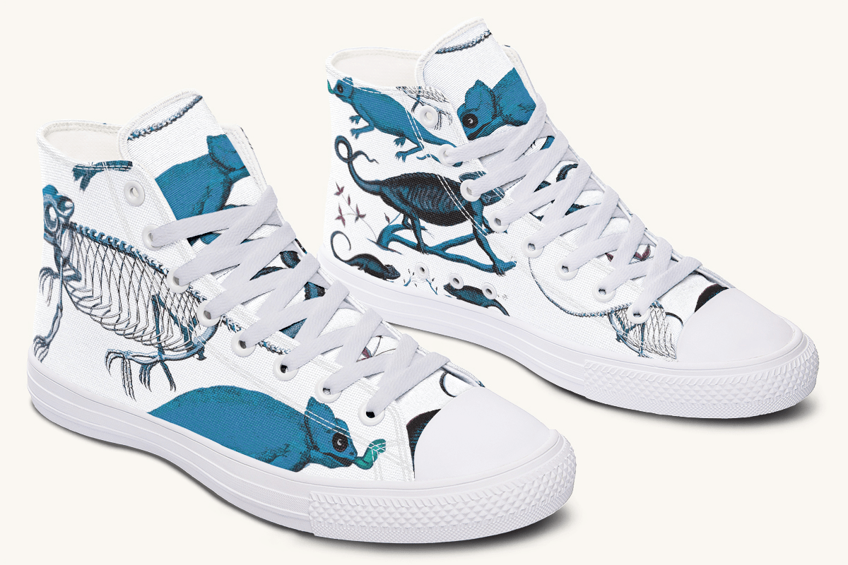 Reptilian in Bloom Blue on White Hightops - Jaded Lament