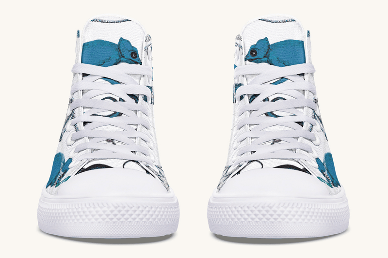 Reptilian in Bloom Blue on White Hightops - Jaded Lament