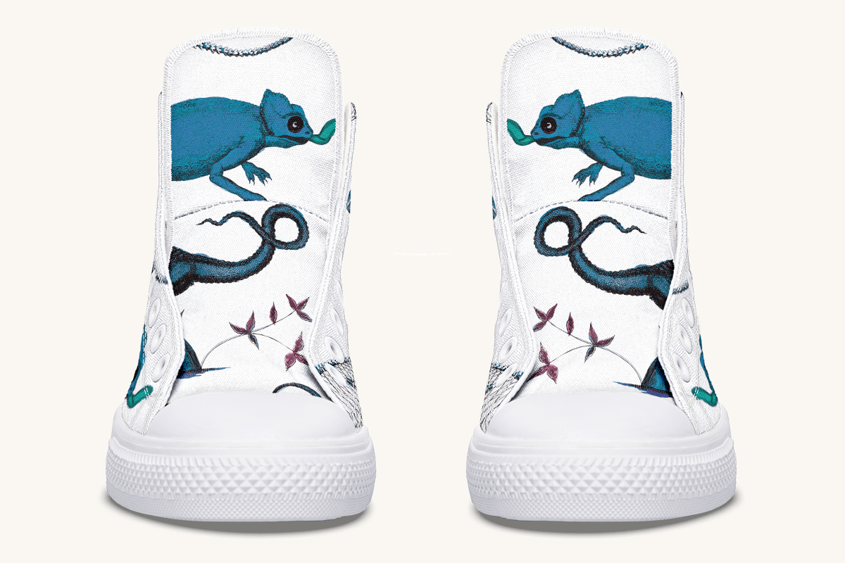 Reptilian in Bloom Blue on White Hightops - Jaded Lament