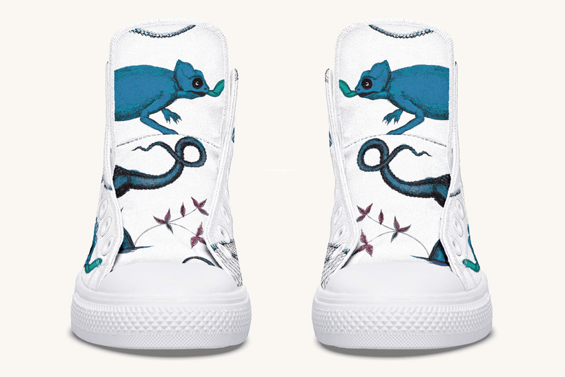 Reptilian in Bloom Blue on White Hightops - Jaded Lament