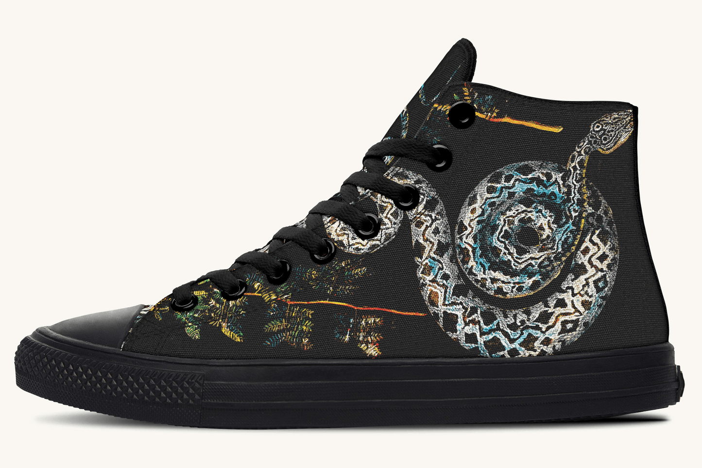 Serpent in Bloom Multicolor Snake on Black Hightops - Jaded Lament