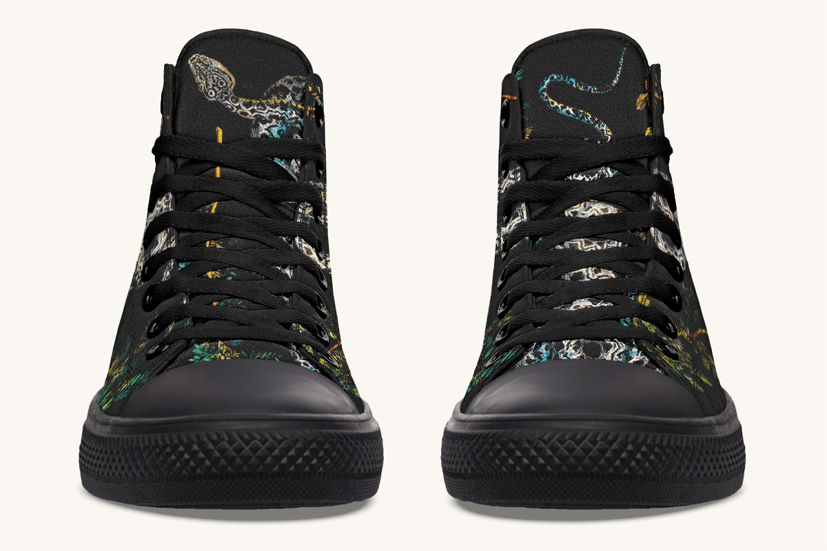 Serpent in Bloom Multicolor Snake on Black Hightops - Jaded Lament