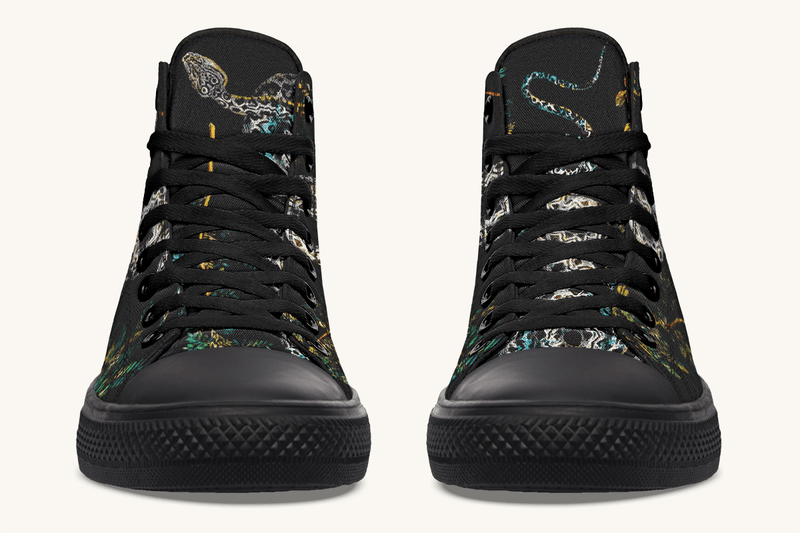 Serpent in Bloom Multicolor Snake on Black Hightops - Jaded Lament