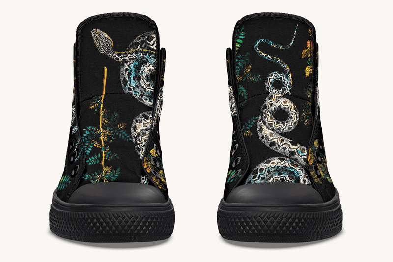 Serpent in Bloom Multicolor Snake on Black Hightops - Jaded Lament