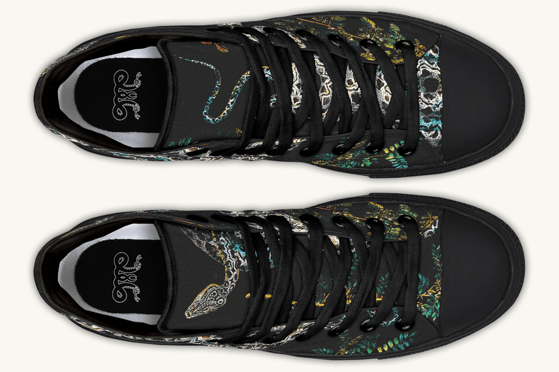Serpent in Bloom Multicolor Snake on Black Hightops - Jaded Lament