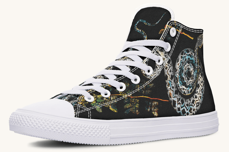 Serpent in Bloom Multicolor Snake on Black Hightops - Jaded Lament
