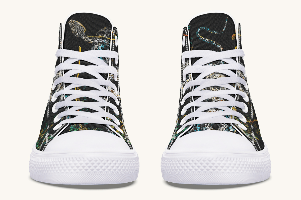 Serpent in Bloom Multicolor Snake on Black Hightops - Jaded Lament