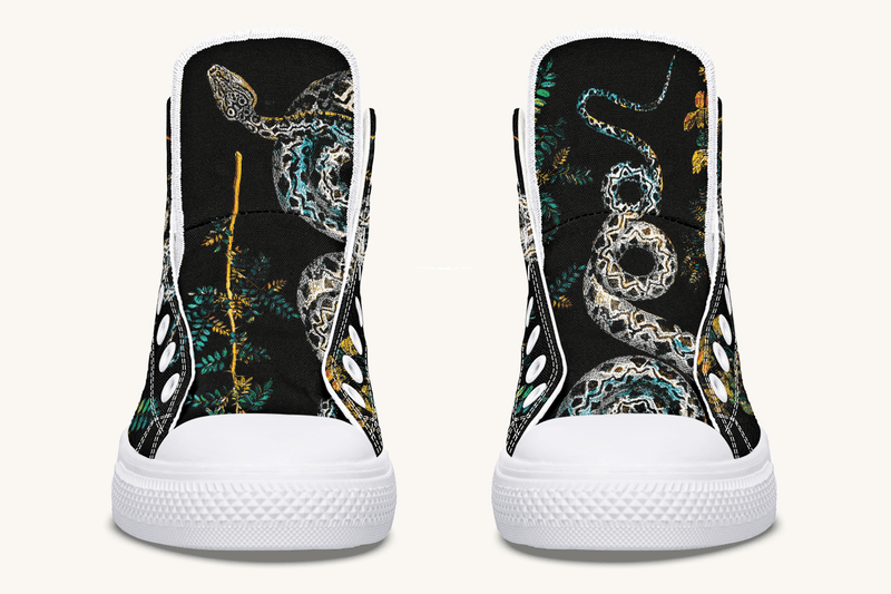 Serpent in Bloom Multicolor Snake on Black Hightops - Jaded Lament
