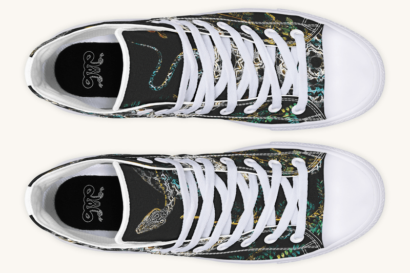 Serpent in Bloom Multicolor Snake on Black Hightops - Jaded Lament