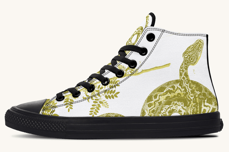 Serpent in Bloom Gold on White Hightops - Jaded Lament