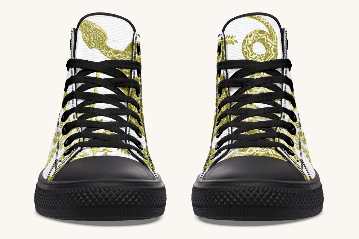 Serpent in Bloom Gold on White Hightops - Jaded Lament