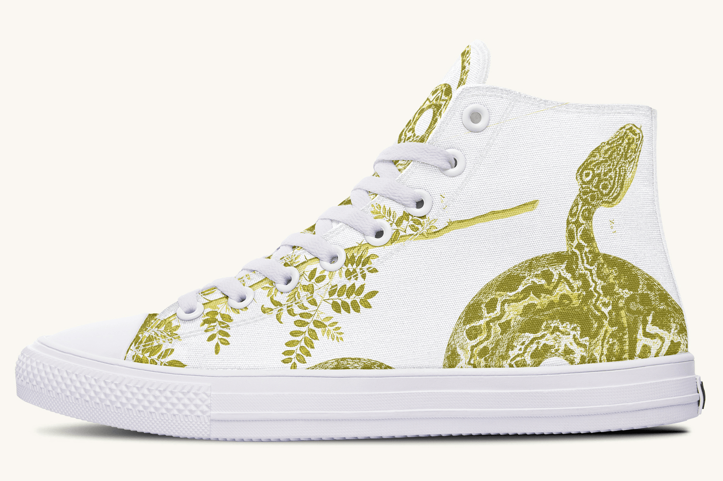 Serpent in Bloom Gold on White Hightops - Jaded Lament