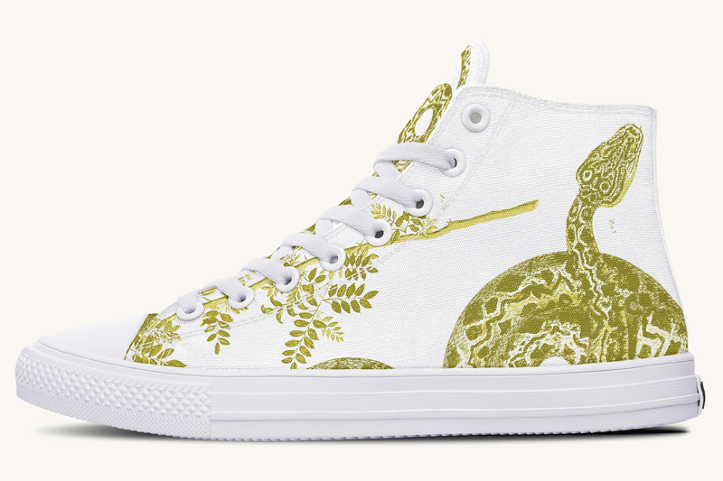 Serpent in Bloom Gold on White Hightops - Jaded Lament