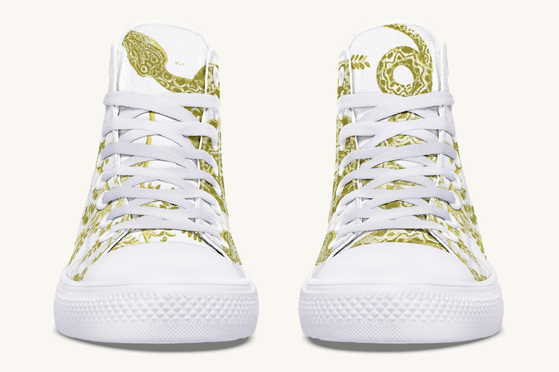 Serpent in Bloom Gold on White Hightops - Jaded Lament