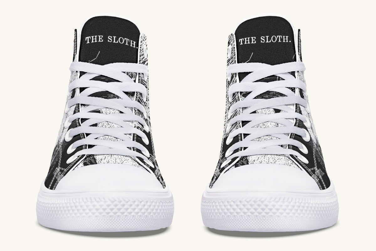 The Sloth Stays White Black Hightops