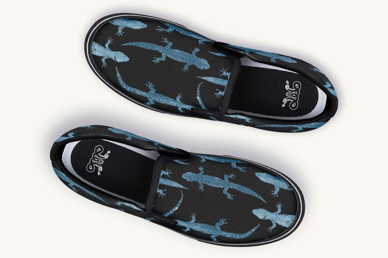 March of the Lizards Blue Black Slip On Shoes - Jaded Lament