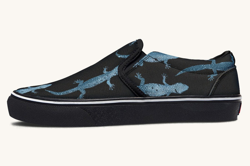 March of the Lizards Blue Black Slip On Shoes - Jaded Lament