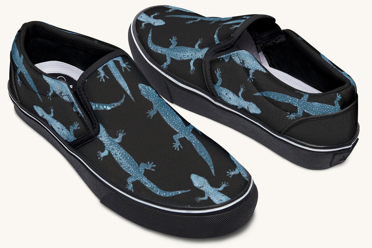 March of the Lizards Blue Black Slip On Shoes - Jaded Lament