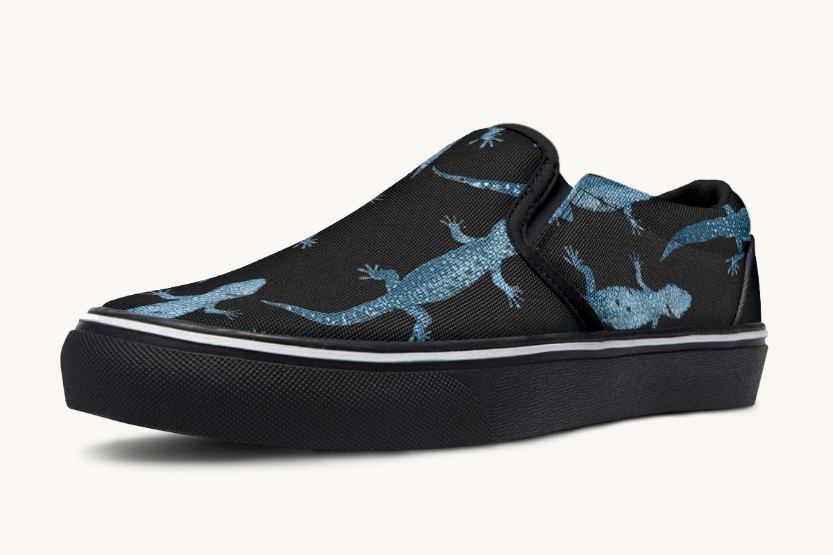 March of the Lizards Blue Black Slip On Shoes - Jaded Lament