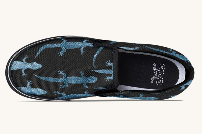 March of the Lizards Blue Black Slip On Shoes - Jaded Lament