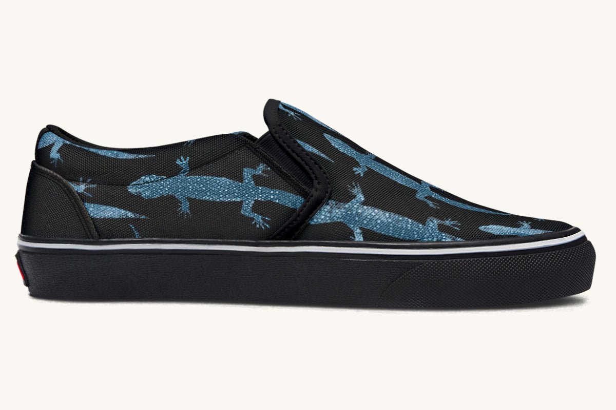 March of the Lizards Blue Black Slip On Shoes - Jaded Lament