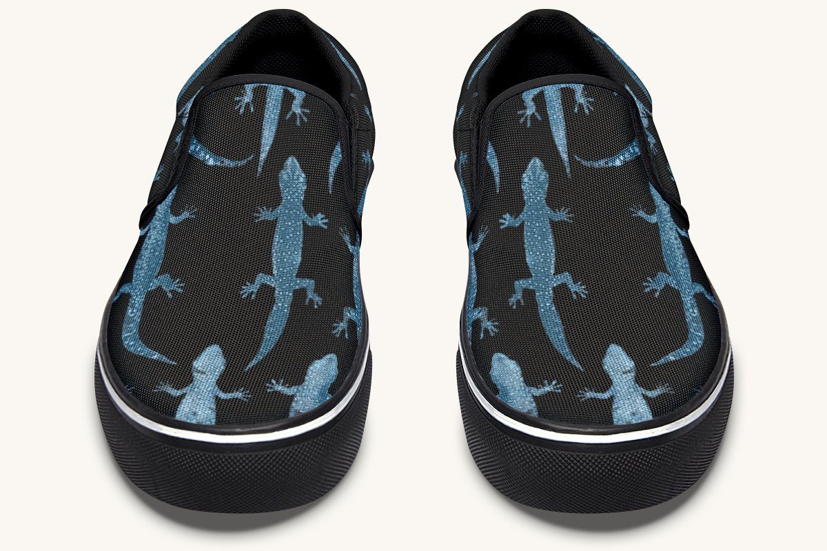 March of the Lizards Blue Black Slip On Shoes - Jaded Lament
