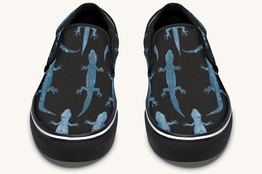 March of the Lizards Blue Black Slip On Shoes - Jaded Lament